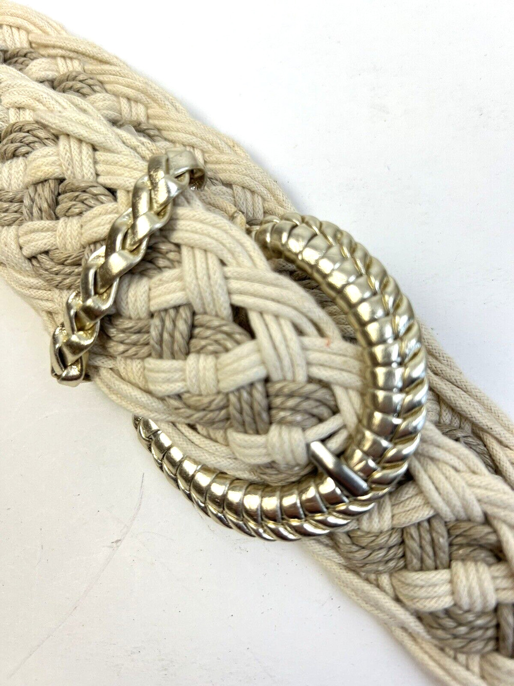 Braided Belt Gold Metal Buckle Size 12 40 Length Adjustable Cream Casual Cotton